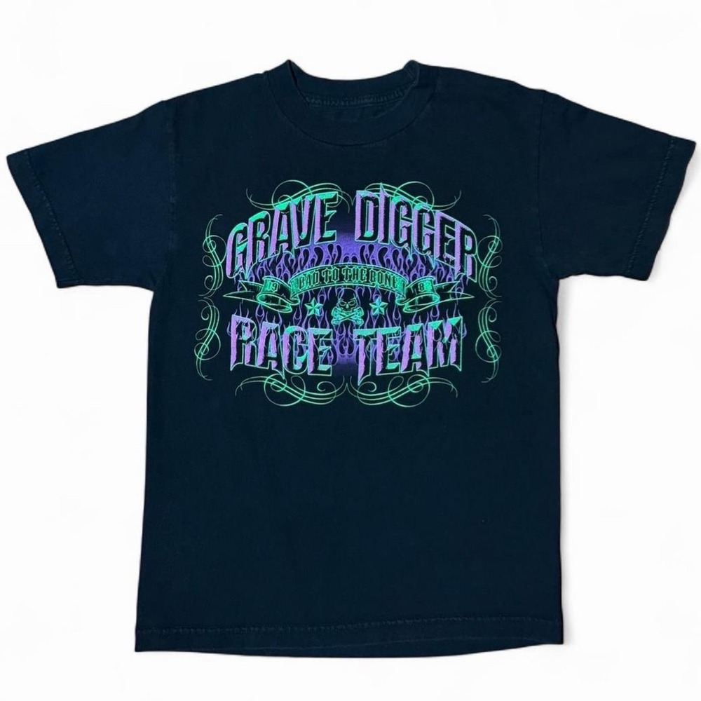 Vintage Y2K Black Grave Digger Monster Jam Car Show Graphic T-shirt 17x24" XS/S